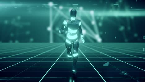 robot futurista que corre en una red digital