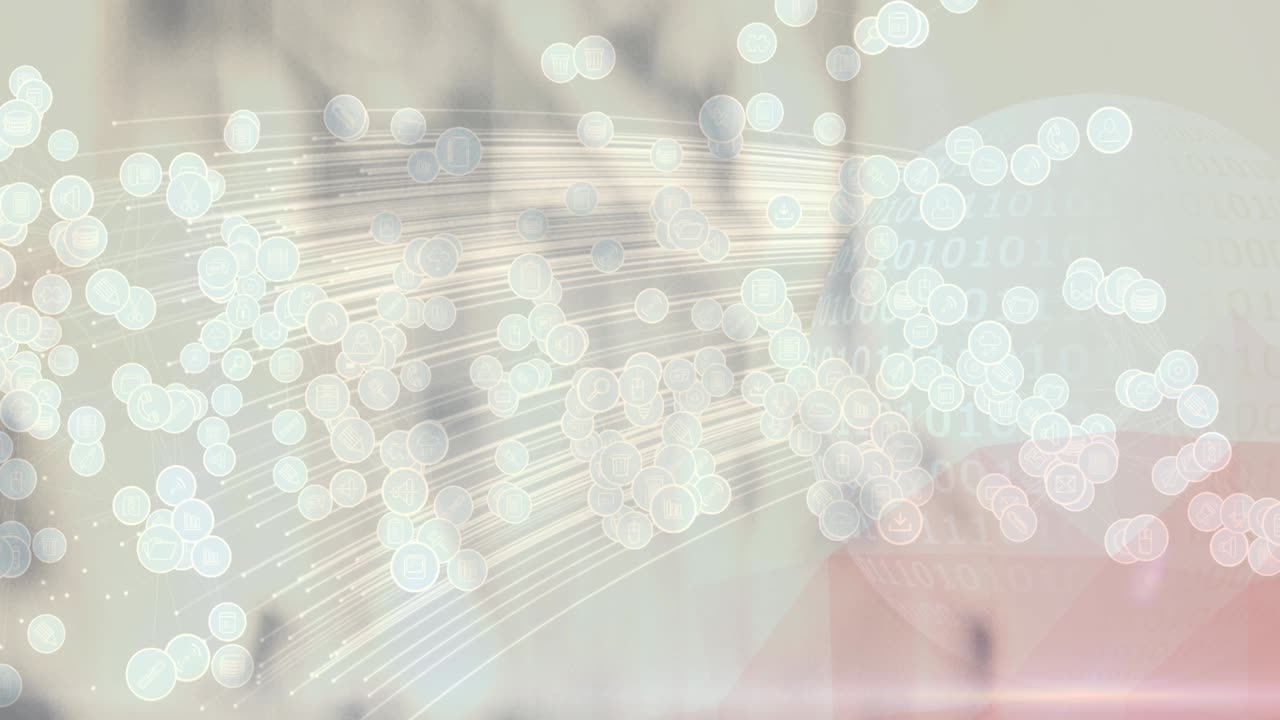 흐릿한 배경 위에 디지털 아이콘이 있는 지구의 애니메이션