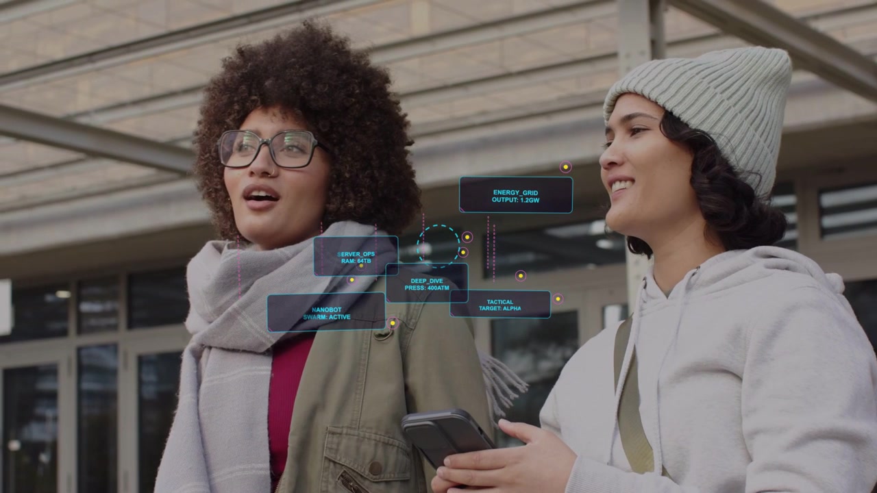 Left woman starting AR HUD between them while right woman holding smartphone testing AR tech