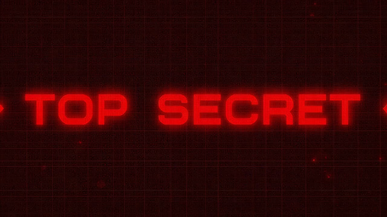 Advancing frames showing TOP SECRET banner pulling back on screen, chevrons grid marking classified