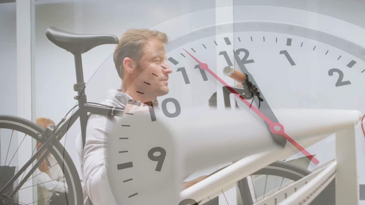 Mature man carrying bicycle up stairs during transit while clock overlay advancing tracking time
