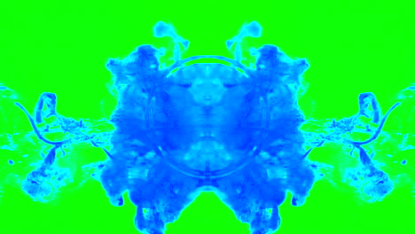 explosión de gota de tinta azul y verde psicodélica abstracta con patrones de impacto durante la colisión de la pintura ahumada sobre fondo colorido