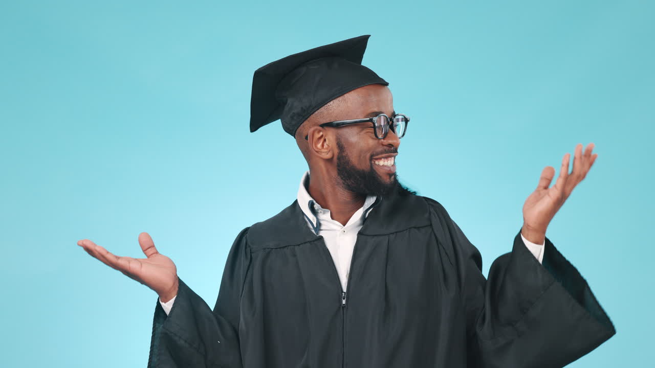 Pointing, pride and face of man graduate