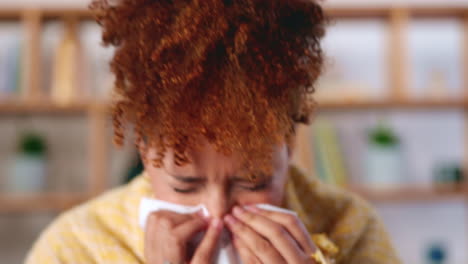 Sick,-tissue-and-woman-in-living-room