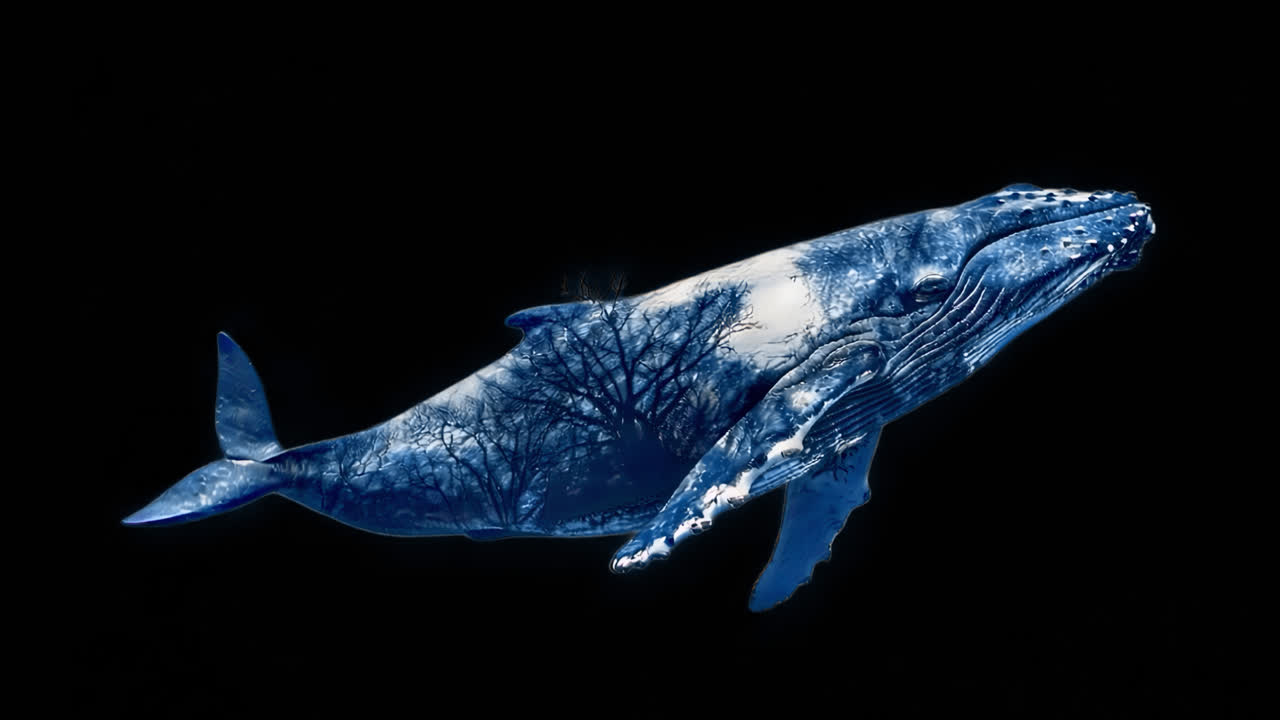 Double exposure whale animal animation isolated asset, transparent 4K video, alpha channel, ProRes
