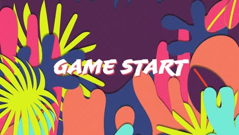 animation of game start text against colorful abstract patterned digital interface of video game