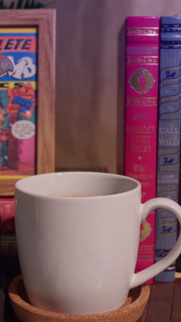 Café caliente humeante en una taza blanca junto a una prensa francesa.