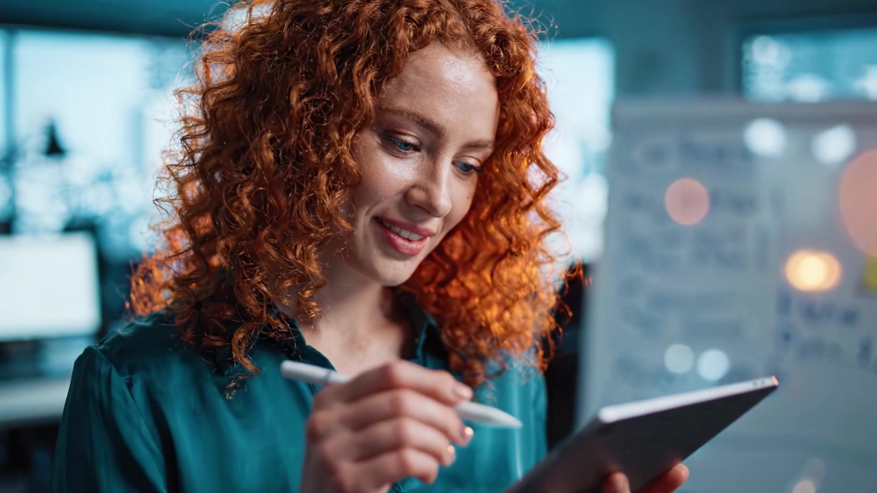 Engagierte Fachkraft mit roten Locken nutzt ein Tablet für die Arbeit in einem modernen Büroumfeld, konzentriert sich auf die Aufgabe und innovative Technologiewerkzeuge zur Produktivitätssteigerung.