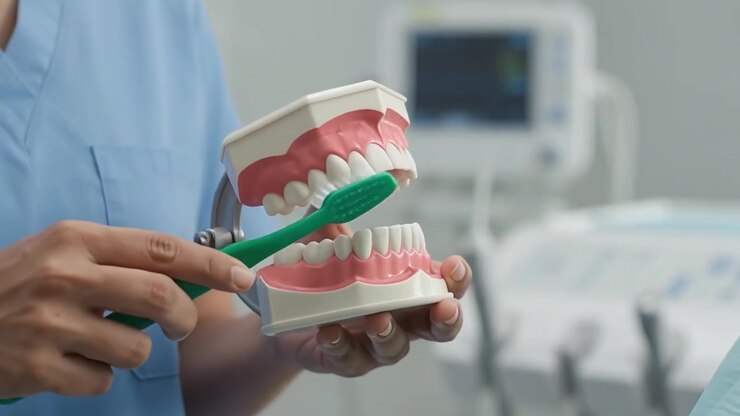Dentista che mostra a un paziente la tecnica corretta di spazzolamento dei denti