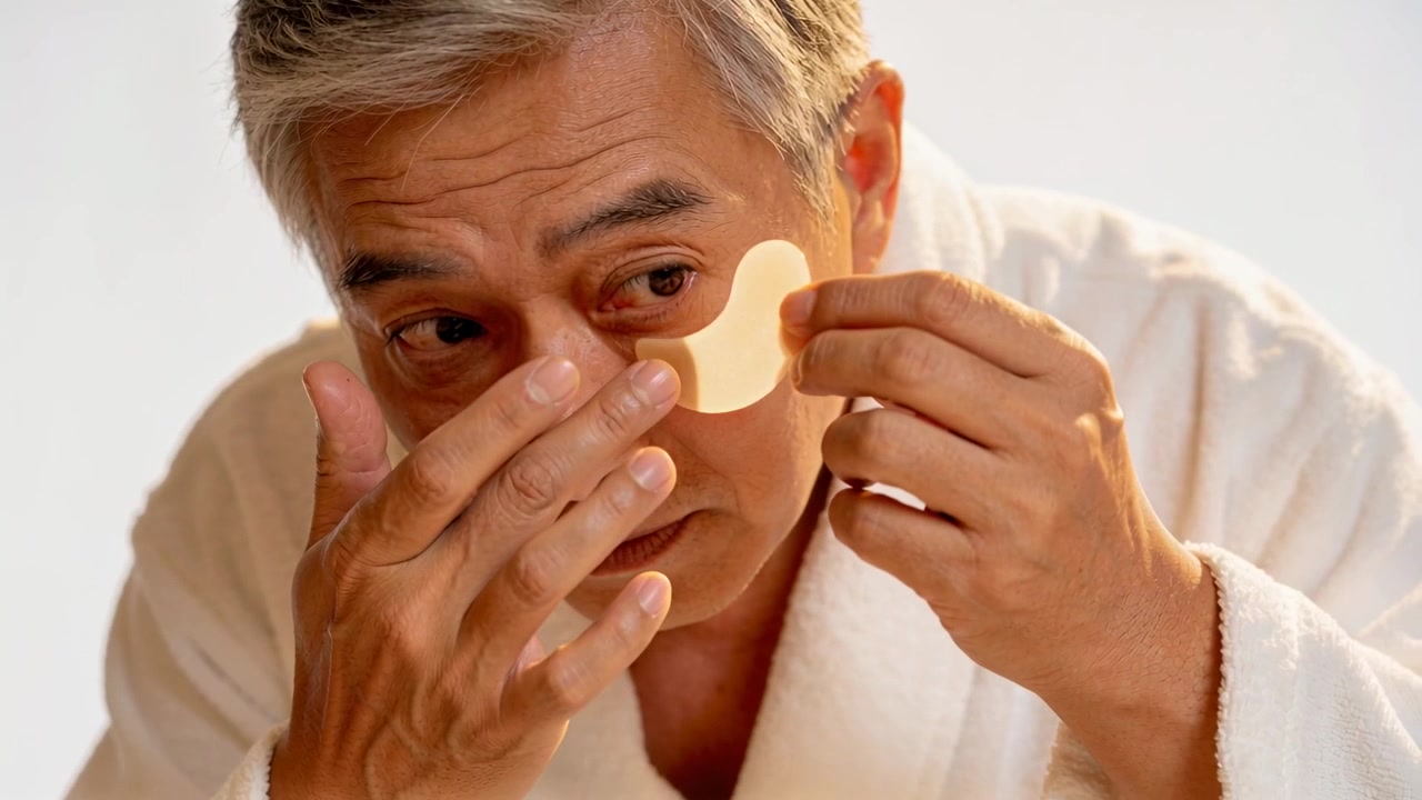 Lifting Asian man placing and smoothing hydrogel eye patch for skincare at home, wearing robe