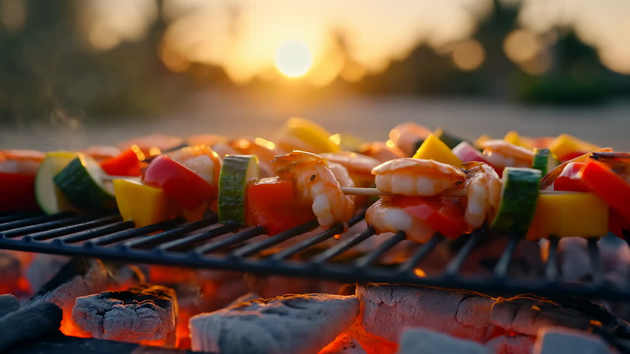 Sizzling Shrimp And Vegetable Skewers Grilling Over Glowing Charcoal At Sunset, Closeup Of Colorful Bell