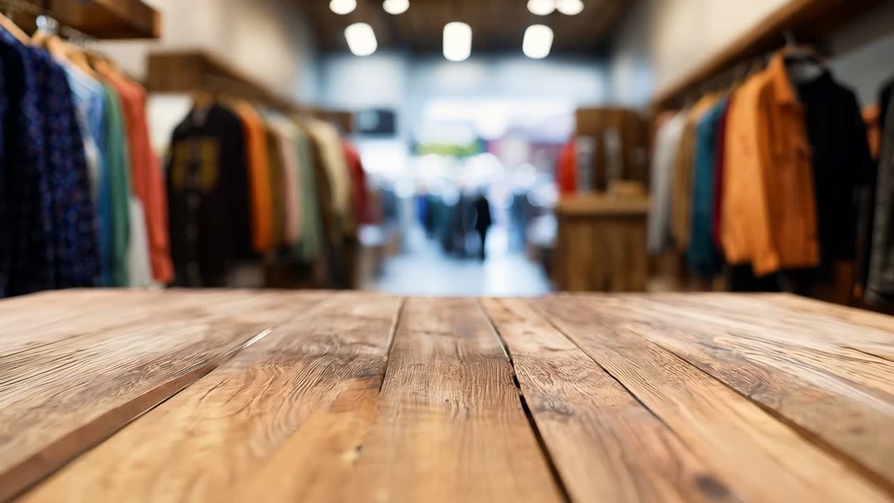 A wooden table in front of a clothing store with clothes hanging on racks
