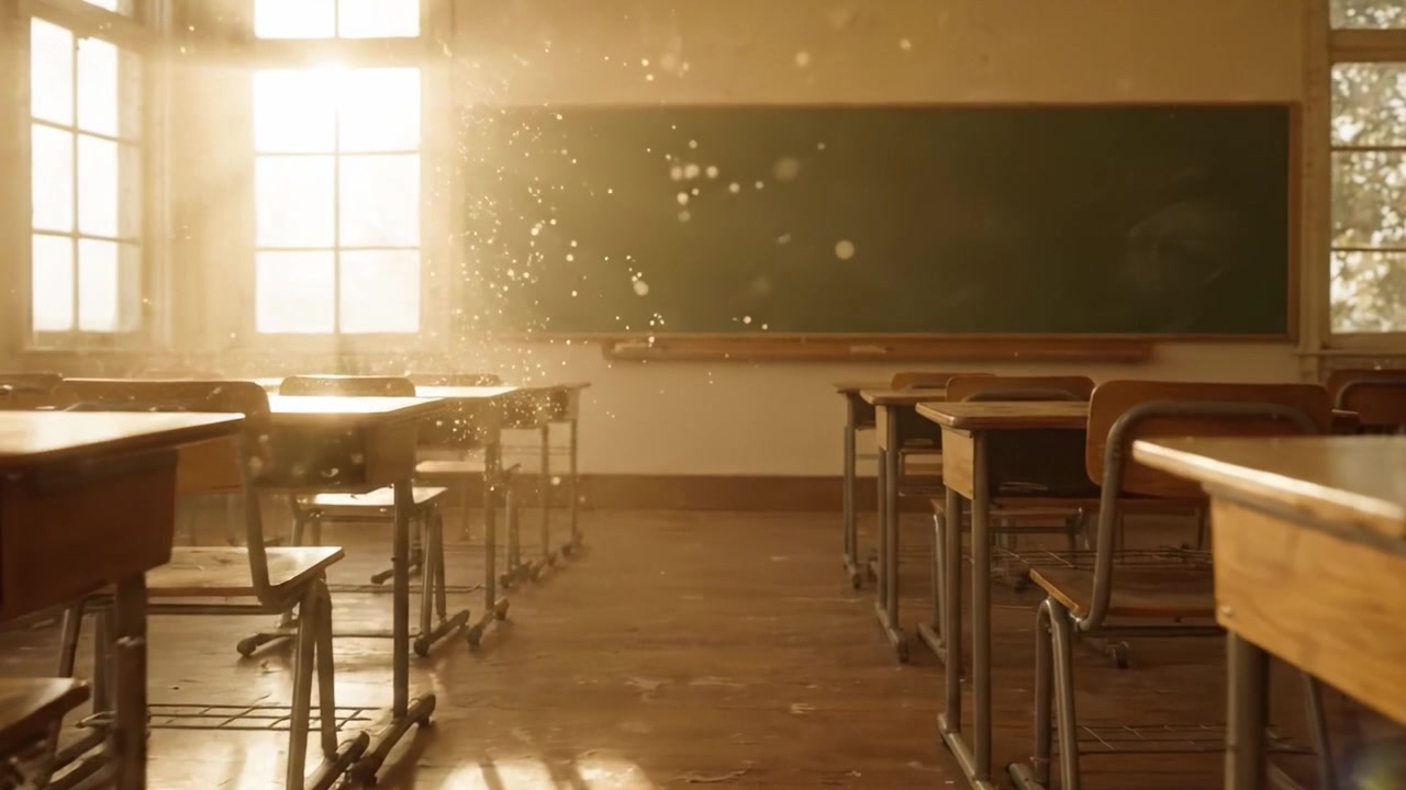 Un'Aula Serena Immersa in una Luce Calda, che Cattura la Bellezza delle Particelle di Polvere che Danzano nell'Aria, Evocando Nostalgia e Calma negli Spazi di Apprendimento
