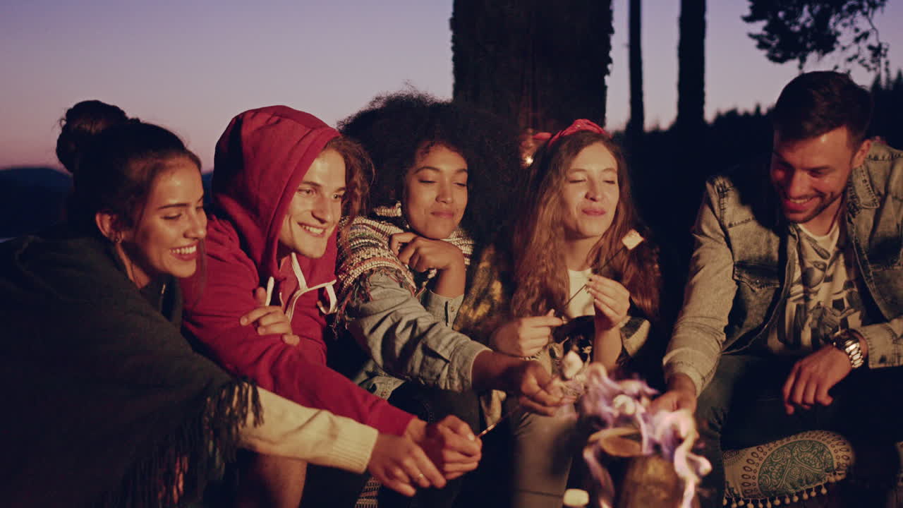 친구 들 이 캠프 불 에서 마쉬멜로 를 즐기고 있다