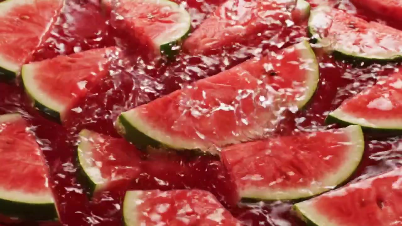 Uno spruzzo rinfrescante di anguria: fette succose che galleggiano in un liquido vibrante, catturate con dettagli mozzafiato per un'esperienza di delizia estiva.