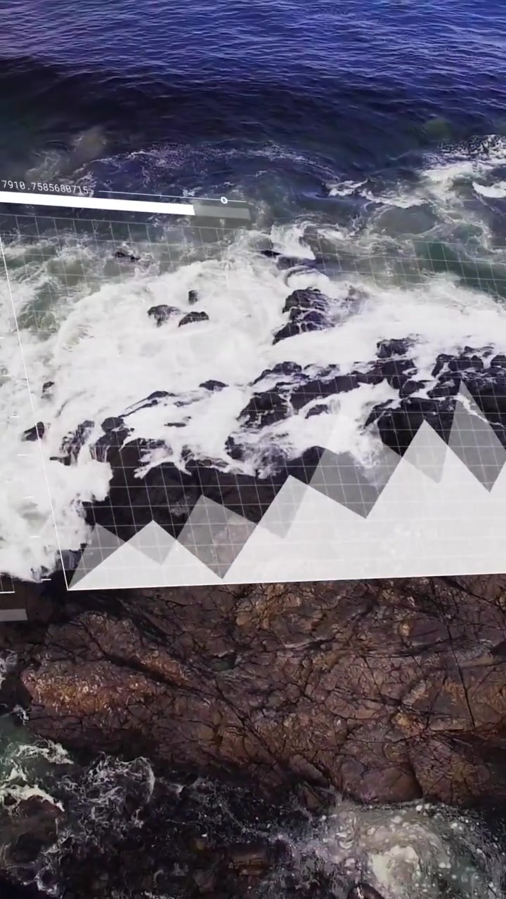 Animazione di elaborazione dati statistici su una vista aerea di onde marine che si infrangono sulle rocce