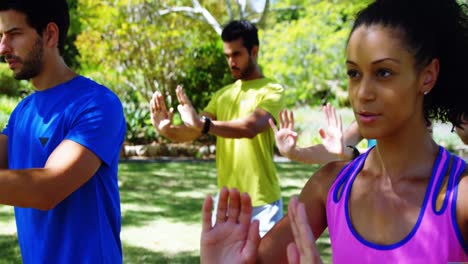 group of people exercising in the park 4k