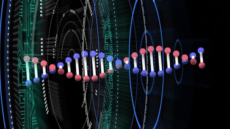Animation of spinning dna strand over black background