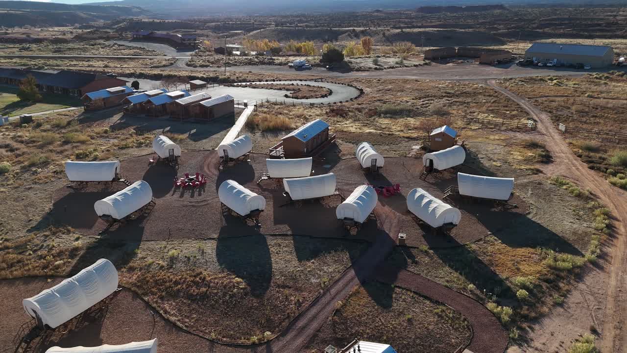 Aerial View of Capitol Reef Resort in Utah USA, Old Wagons and Buildings as Accommodation