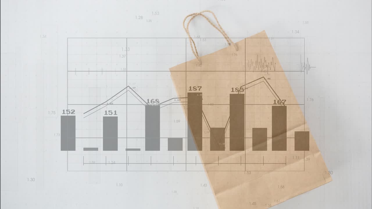On play, kraft paper bag appearing while bar chart and line graph unfolding, animating sales trends