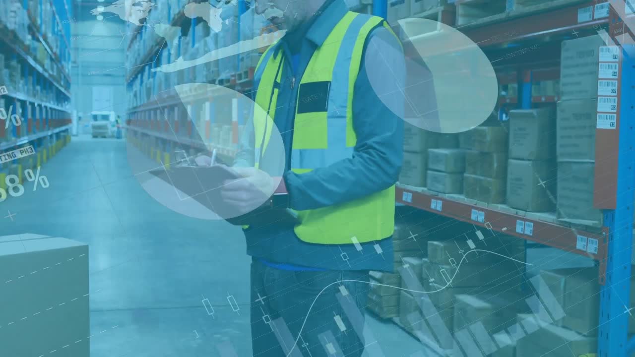 animación de gráficos sobre un trabajador de almacén caucásico