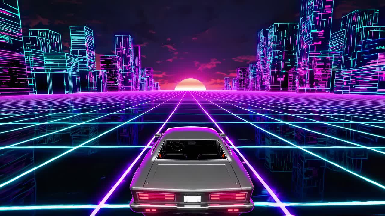 Scena video retro-futuristica con una visuale dal basso di un'auto che si dirige verso un paesaggio urbano illuminato al neon