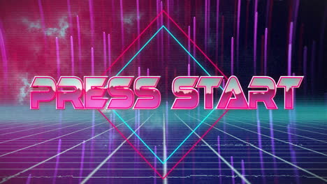 animation of press start text over light trails and lines on black background