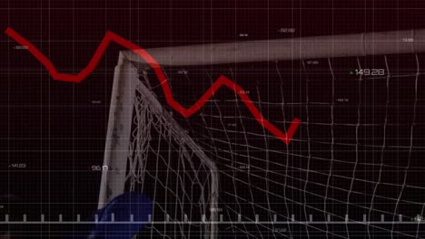 animation of graphs and data over goal and caucasian soccer player at stadium