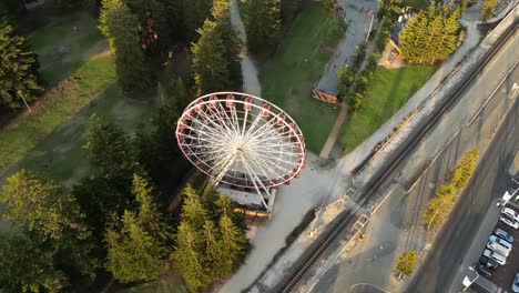 tomada aérea de arriba hacia abajo de la rueda de la fortuna girando en el parque esplanade durante la hora dorada - ciudad de perth, australia occidental