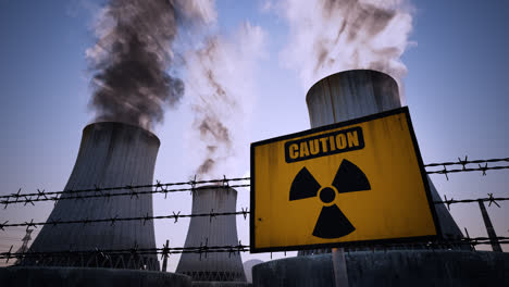 nuclear power plant caution sign and barbed wire mounted at the foot of three large tall cement chimneys exhausting smoke and fumes into the atmosphere, sunset.