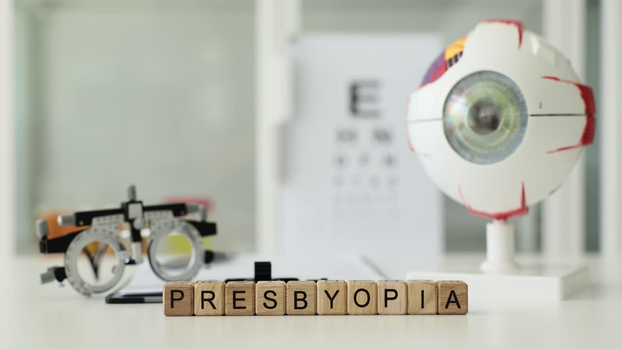 Wooden blocks spelling 'Presbyopia' with optometry equipment and an eye model