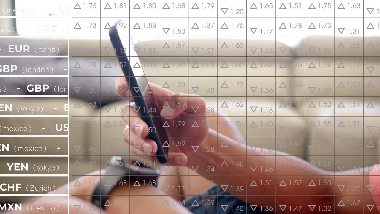Man raising phone on sofa, tapping and swiping, monitoring transparent forex grid over phone