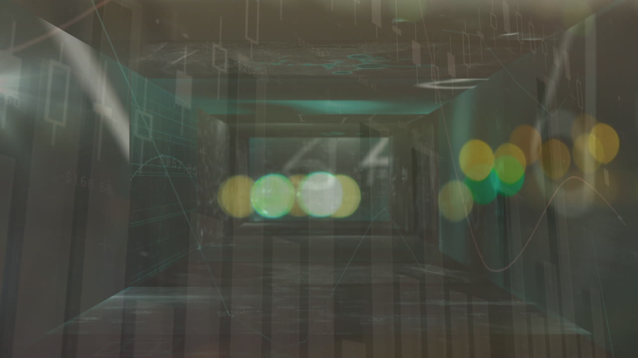 수학적 방정식과 야간 도시 교통을 가진 화면에 대한 통계 데이터 처리