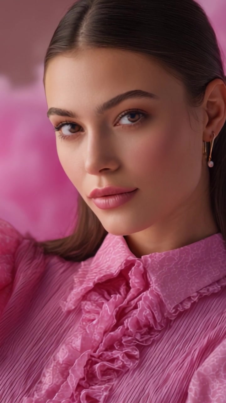 Un ritratto ravvicinato di una giovane donna con trucco elegante e una blusa rosa a balze su uno sfondo rosa tenue, che cattura bellezza naturale e stile.