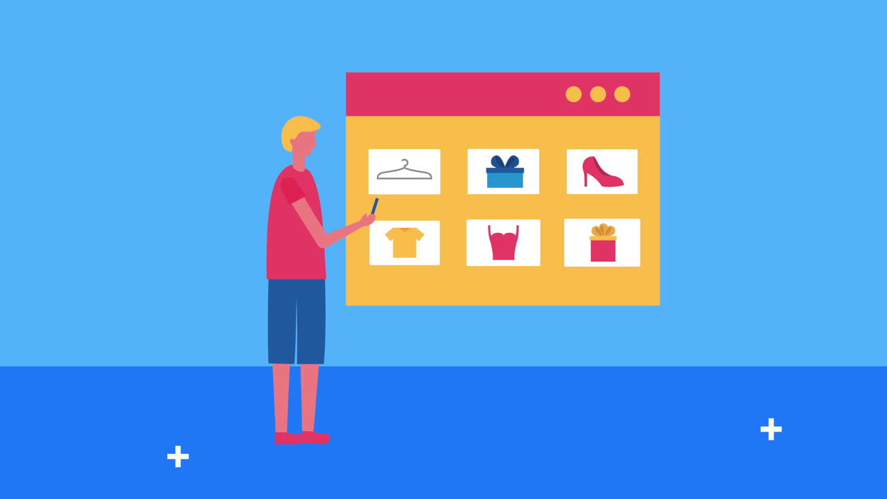 웹 페이지 템플릿과 전자 상거래 아이콘을 가진 젊은 남자