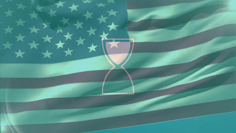 Hourglass icon floating over rippling teal tinting American flag, featuring subtle light flare