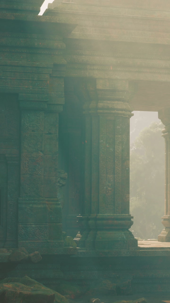 Sunlight dances through ancient pillars at a mystical temple in the jungle