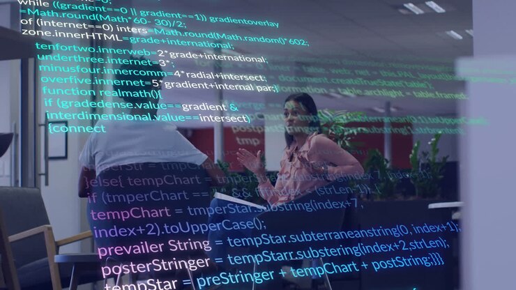 Animation of financial data processing over diverse business people in office