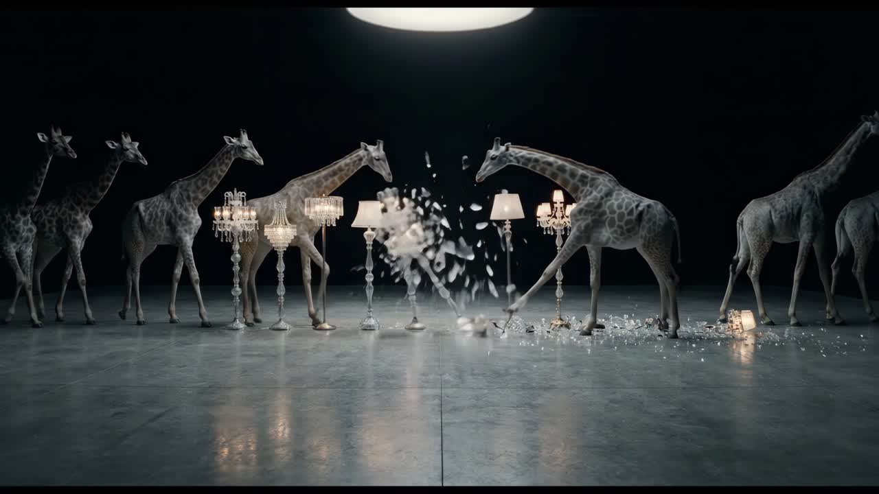 Giraffe che rompono lampade ornate in uno studio buio