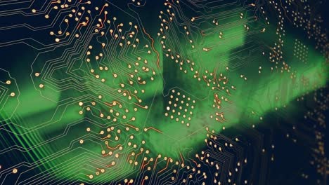Animation of integrated circuit over green background with squares