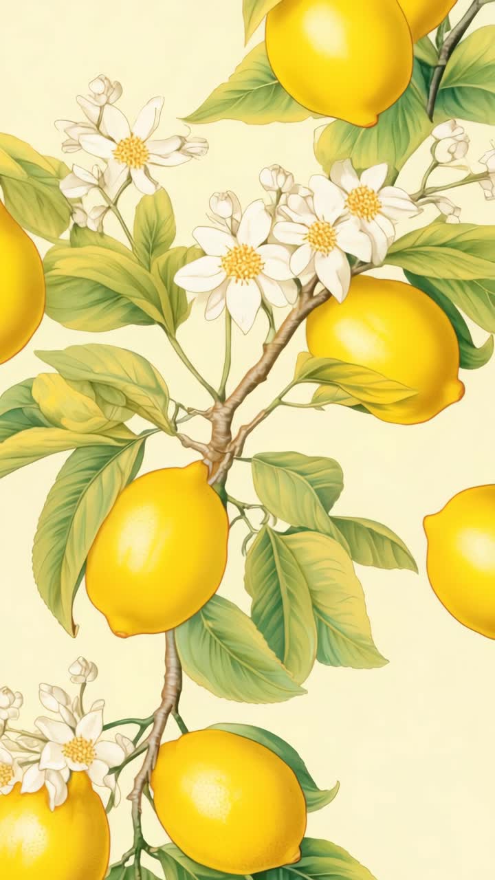 Illustrated lemons and leaves in a botanical style, viewed from a straight angle