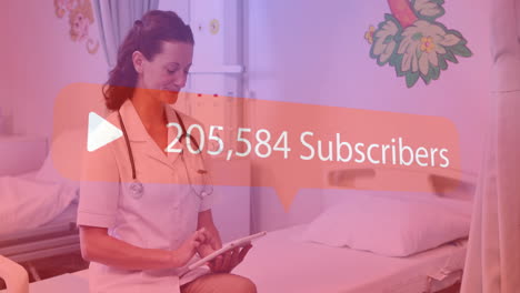 nurse using tablet with subscriber count animation over hospital room background