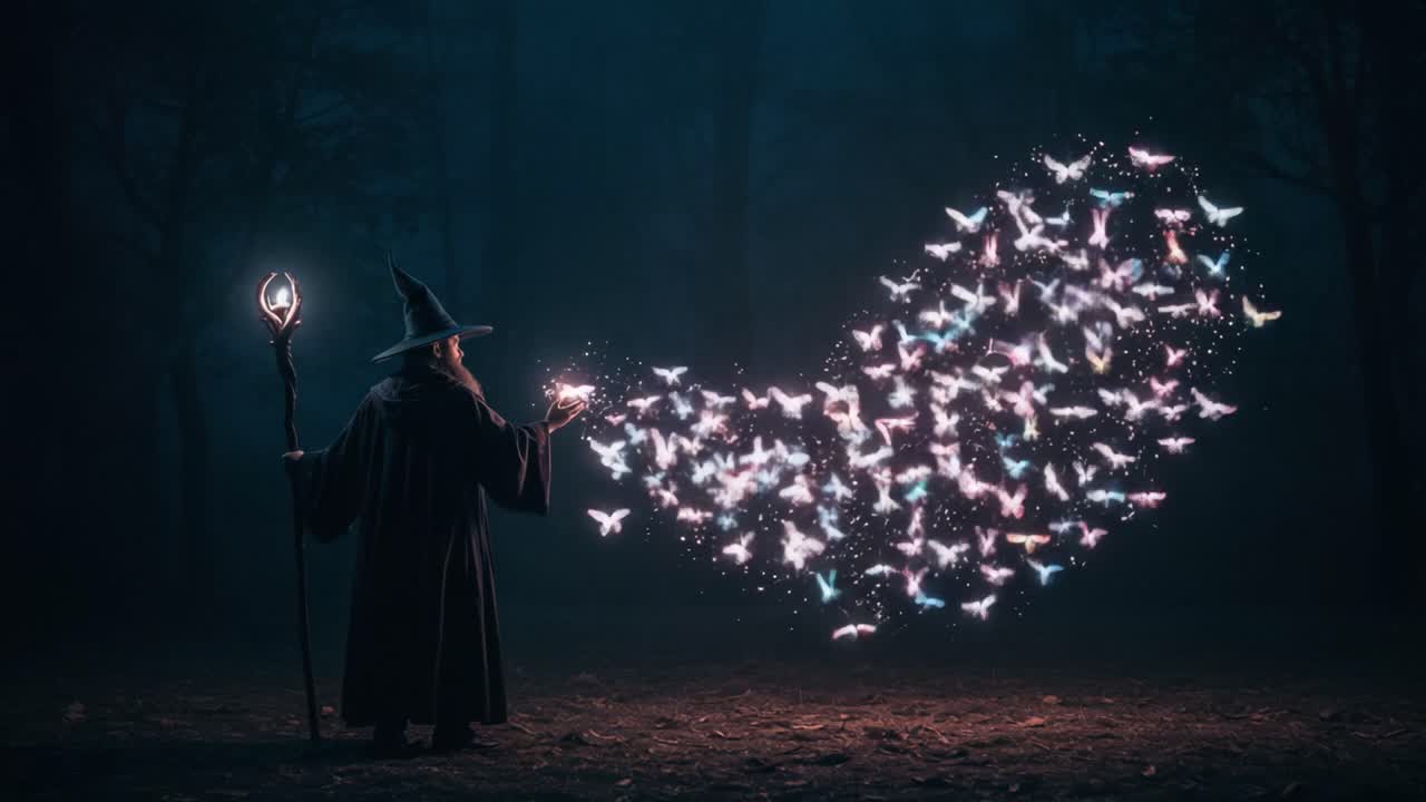 A Mysterious Sorcerer Casting Enchantment in a Dark Forest Surrounded by a Swarm of Magical Butterflies in a Whimsical Display of Light and Color