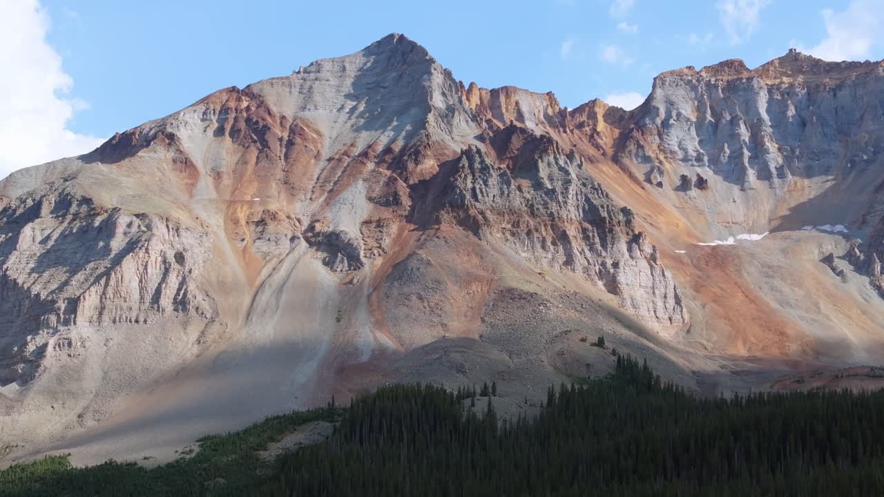 Alte cime alpine dominano l'orizzonte mentre le aspre montagne di San Juan, in Colorado, mostrano pendii ripidi, roccia a vista e un terreno stratificato, il tutto in una veduta aerea.