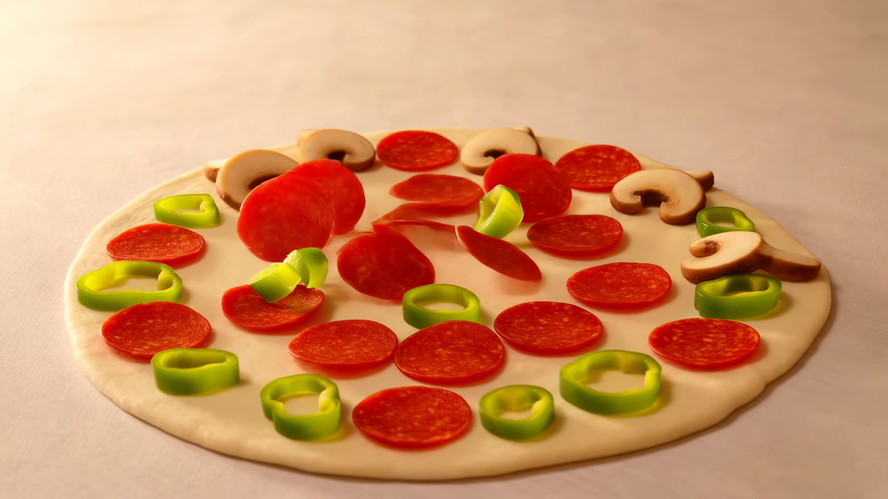 Uncooked Pizza Base Topped With Pepperoni And Mushrooms, Green Pepper Rings Falling Into Place In Playful