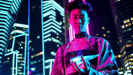 cyberpunk visionaries in a neon cityscape