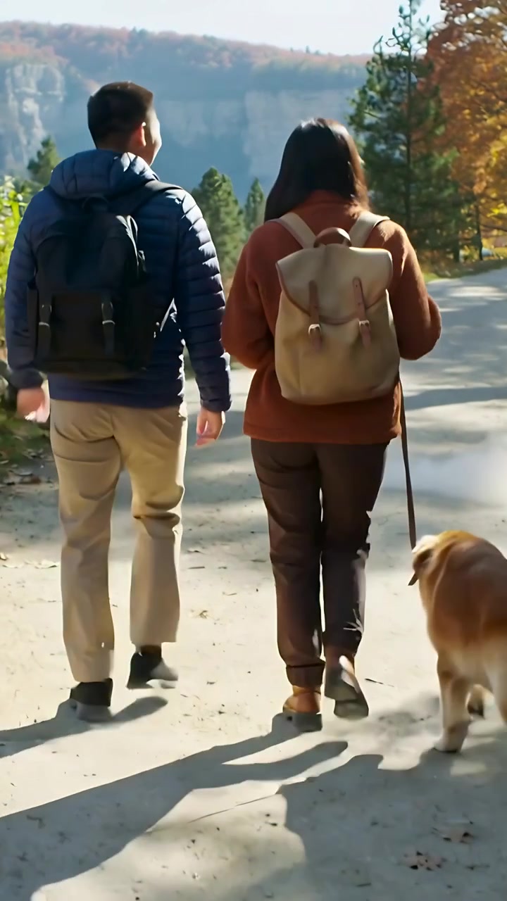 Verticale video: Stappend stel met hondenriem, jassen en rugzakken op een klifpad voor een wandeling