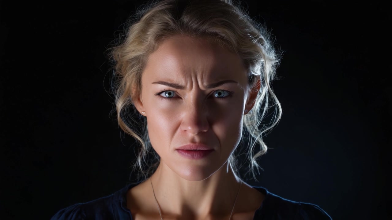 Primo piano intenso di una donna che mostra forti emozioni ed espressioni facciali su uno sfondo scuro, catturando l'essenza di tensione e conflitto.