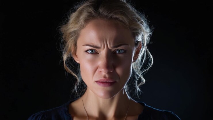 Primo piano intenso di una donna che mostra forti emozioni ed espressioni facciali su uno sfondo scuro, catturando l'essenza di tensione e conflitto.