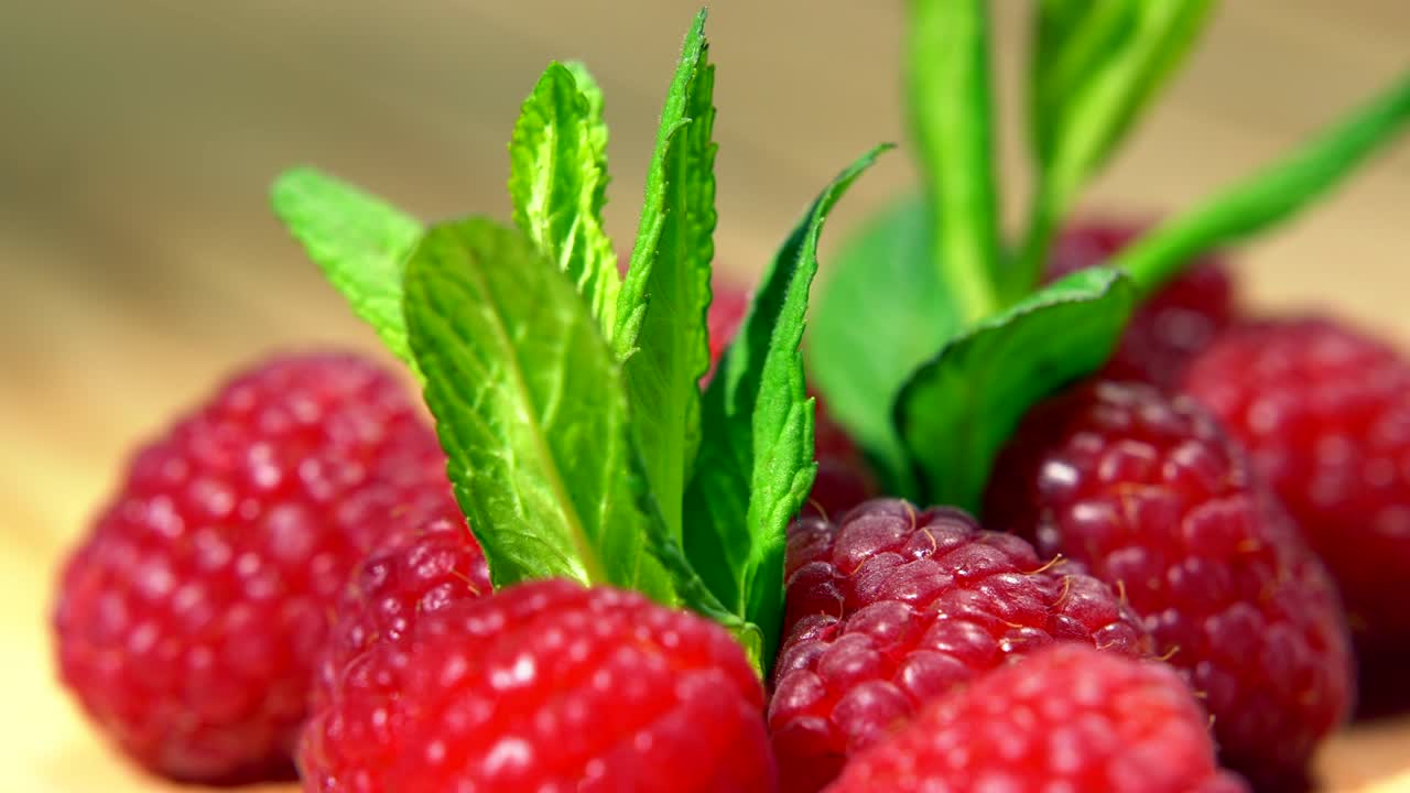 나무 테이블에 민트와 함께 은 라즈베리 열매: 식품 배경으로 신선한 라즈베이리 열매 - 건강한 음식 유기농 영양 - 가까운.